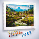 Malen nach Zahlen - Blumige Dörfer Painting Kit with Brushes and Paints Displayed