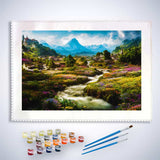 Malen nach Zahlen - Blumige Dörfer Set mit Berglandschaft, Blütenfeldern, Farben und Pinseln für entspannendes Malen.
