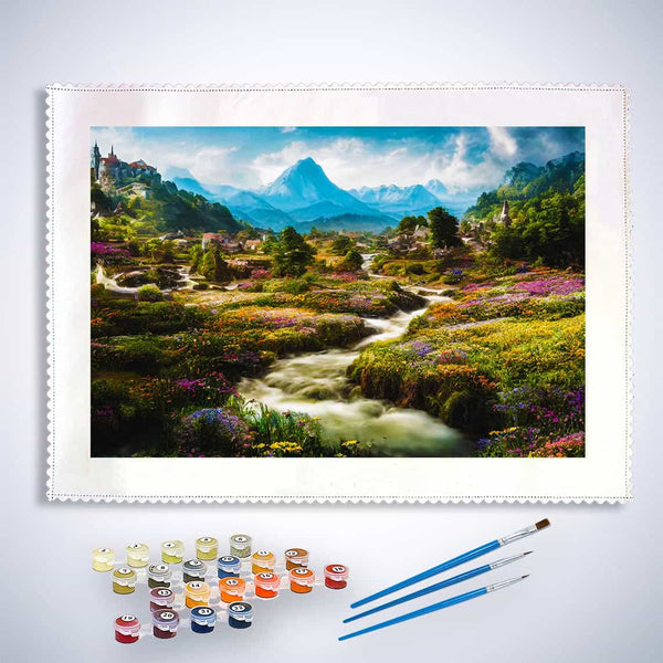 Malen nach Zahlen - Blumige Dörfer Set mit Berglandschaft, Blütenfeldern, Farben und Pinseln für entspannendes Malen.