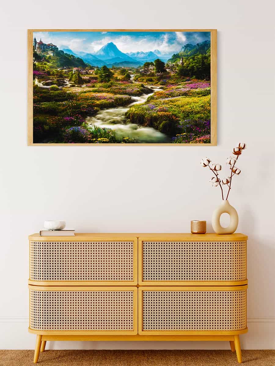 Malen nach Zahlen Blumige Dörfer Bild, beruhigende Landschaft mit fließendem Bach, Blumenfeldern und Bergkulisse, Wandbild über Kommode.
