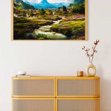 Malen nach Zahlen Blumige Dörfer Bild, beruhigende Landschaft mit fließendem Bach, Blumenfeldern und Bergkulisse, Wandbild über Kommode.