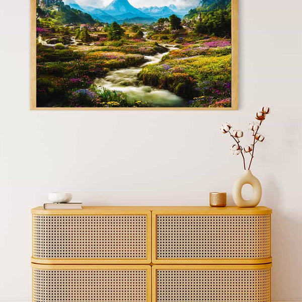 Malen nach Zahlen Blumige Dörfer Bild, beruhigende Landschaft mit fließendem Bach, Blumenfeldern und Bergkulisse, Wandbild über Kommode.