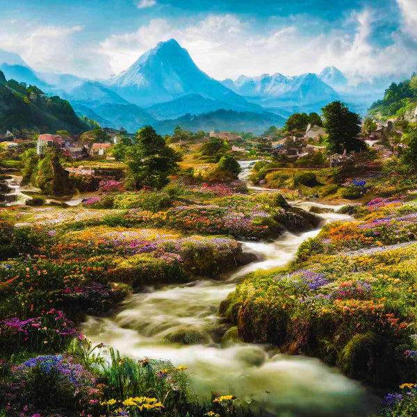 "Malen nach Zahlen Landschaft von blumigen Dörfern vor malerischen Bergen"