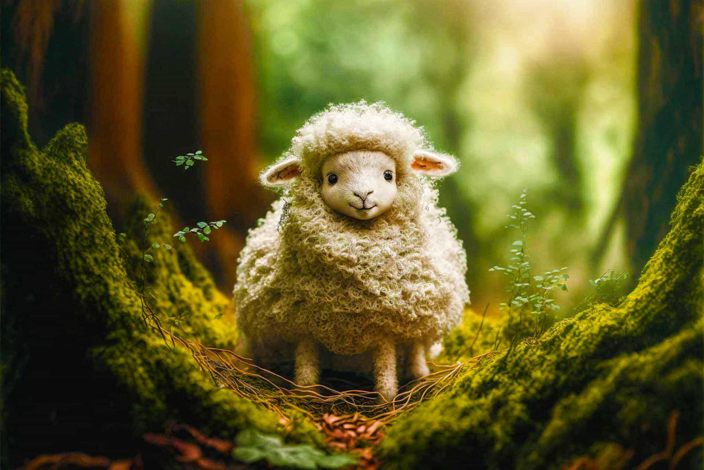 Fluffy sheep in a serene forest setting for Malen nach Zahlen - Schäfchen im Wald painting kit.