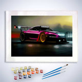 Malen nach Zahlen Leinwand mit Sportauto im Rennen, komplett mit Farben und Pinseln für entspannendes Malerlebnis.