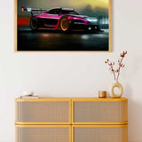 Painting of a sportscar racing at night framed on a wall above a stylish wooden dresser with decorative items.