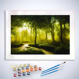Malen nach Zahlen - Fluss im Grünen Wald Kit mit Leinwand, Farben und Pinseln