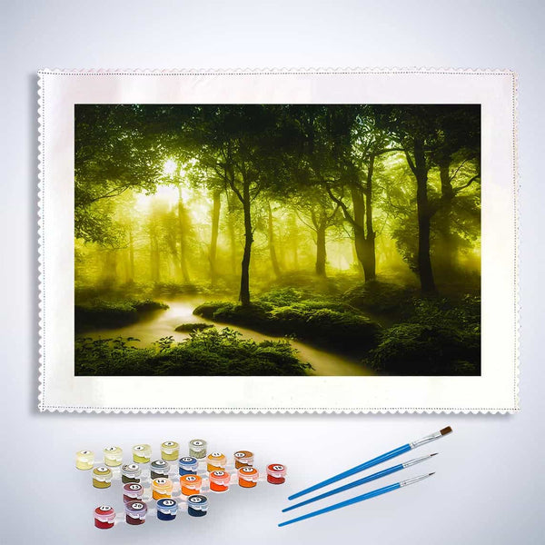 Malen nach Zahlen - Fluss im Grünen Wald Kit mit Leinwand, Farben und Pinseln