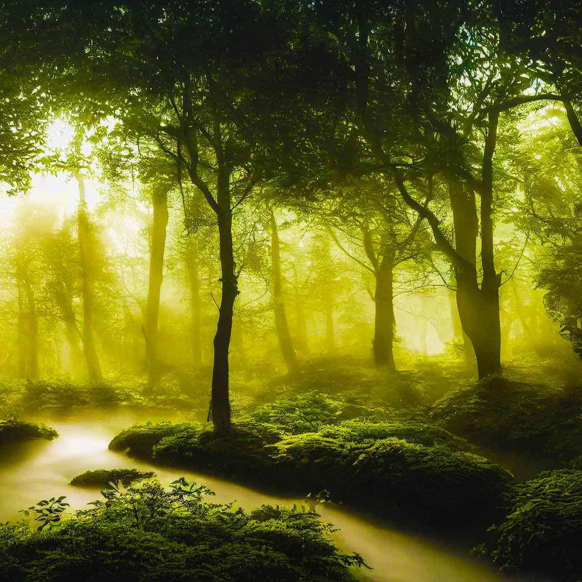 Malen nach Zahlen - Fluss im Grünen Wald, entspannende Landschaft mit Bäumen und Sonnenstrahlen im Hintergrund