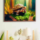 Malen nach Zahlen - Schildkröte im Wald, entspannendes Kunstwerk eines Schildkrötenbildes an der Wand über einem Regal.
