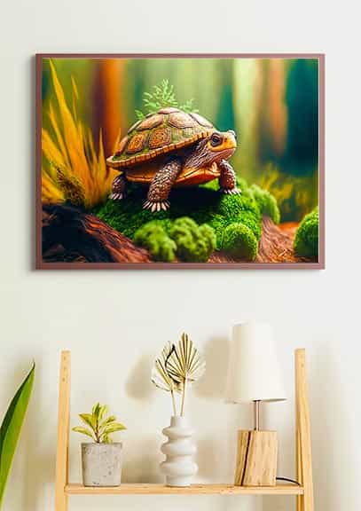 Malen nach Zahlen - Schildkröte im Wald, entspannendes Kunstwerk eines Schildkrötenbildes an der Wand über einem Regal.