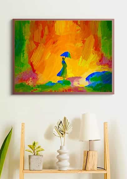 Abstract painting of a woman with an umbrella on a sunny day, displayed on a stylish modern wall with a shelf below.