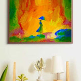 Abstract painting of a woman with an umbrella on a sunny day, displayed on a stylish modern wall with a shelf below.