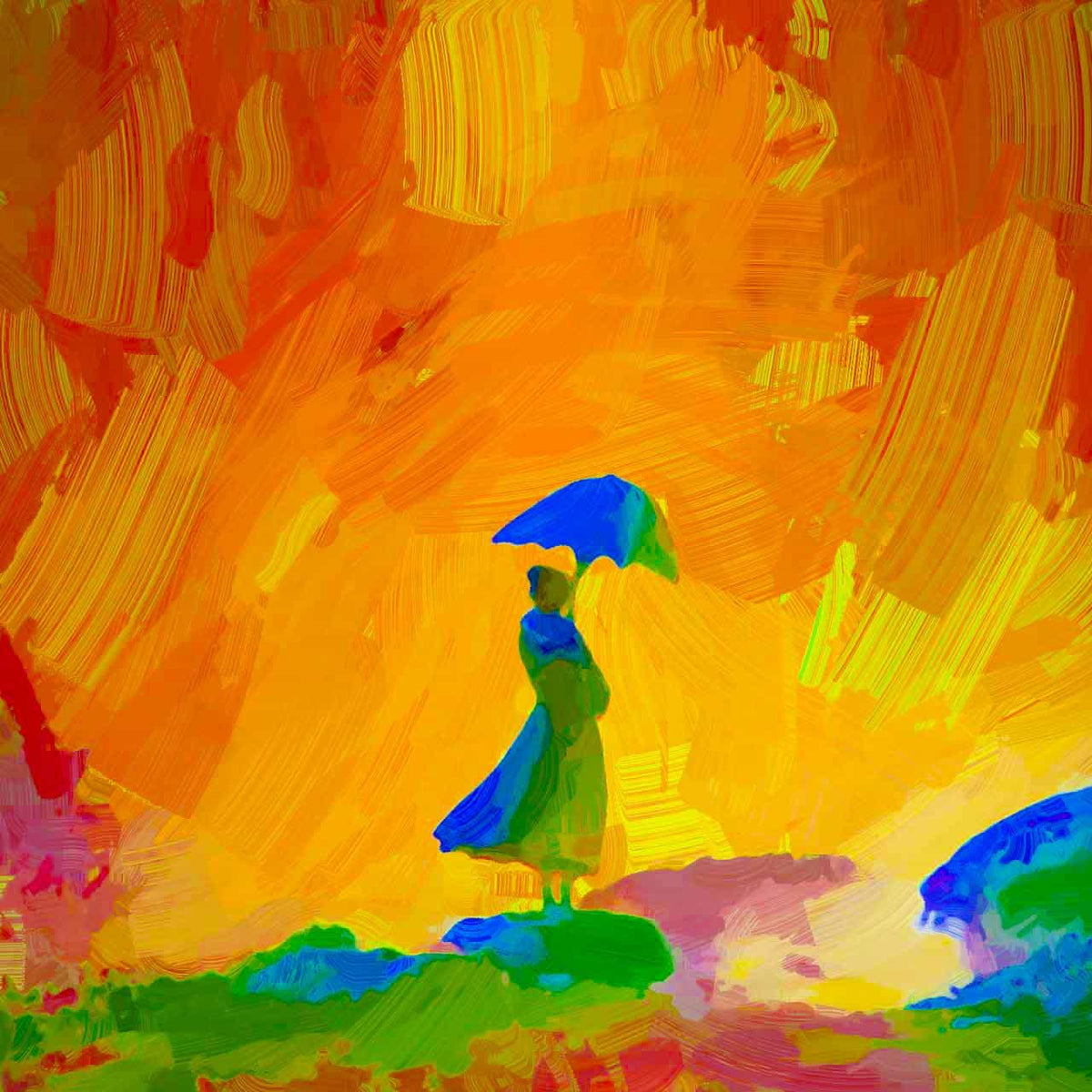 Abstract painting of a woman with an umbrella, vibrant colors, Malen nach Zahlen.