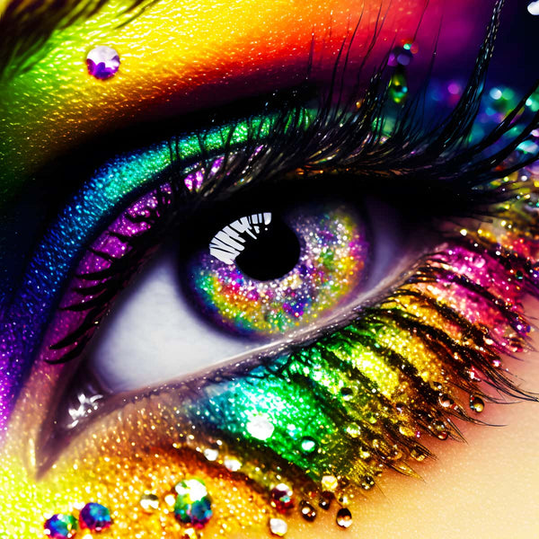 Close-up of a sparkling eye with vibrant, multicolored makeup and diamond accents, representing AB Diamond Painting's Bunter Blick.